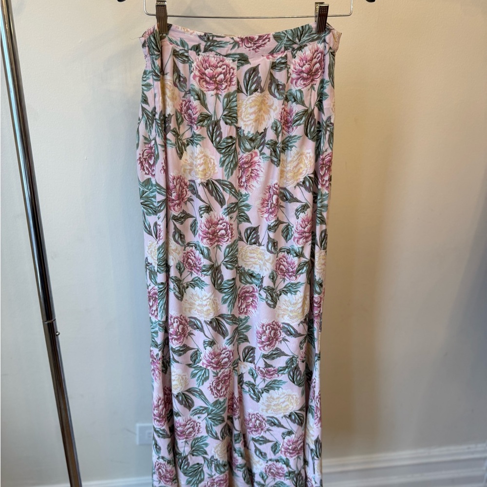 Forever 21 Pink Floral Maxi Skirt with Green Leaves